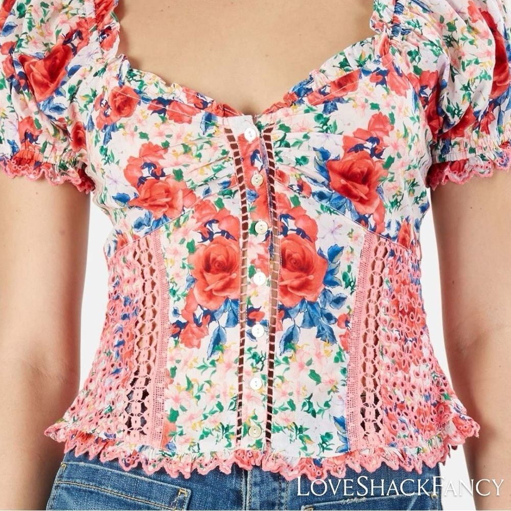 LoveShackFancy **NWT** Bryant Ruffle Trim Button Front Top in Rush of Red Floral - Picture 5 of 16